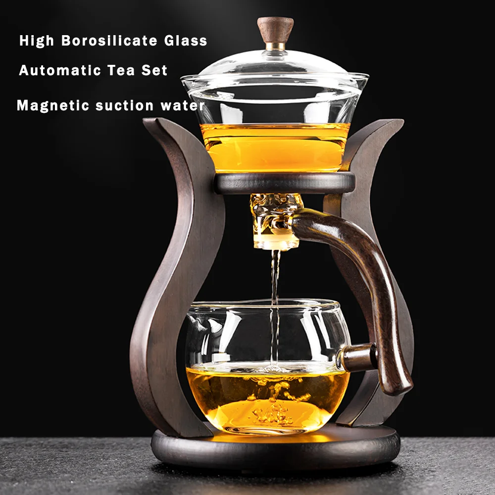 Lazy Kungfu Glass Tea Set, Magnetic Wooden Handle Tea Pot Set, Semi Automatic Drip Rotating with Infuser Glass Teapot Set