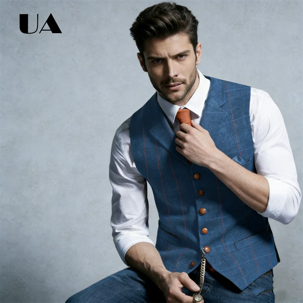Blue Plaid Men's Waistcoat Wool-blend Plaid Fabric Chest Pocket Ideal for Formal Events, Wedding, Prom Party
