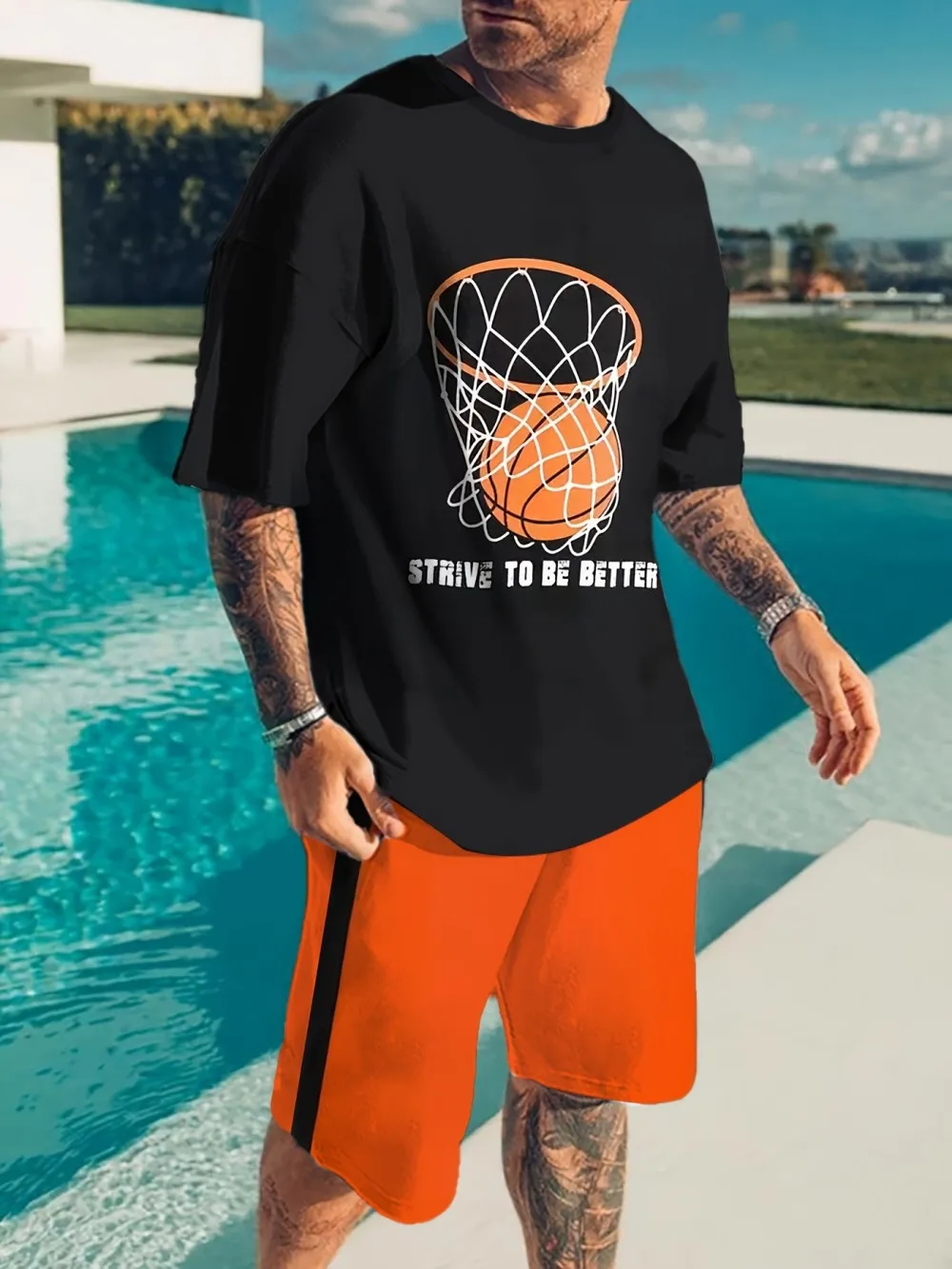 

New summer men's casual suit with letter basketball print pattern breathable round neck T-shirt and striped shorts