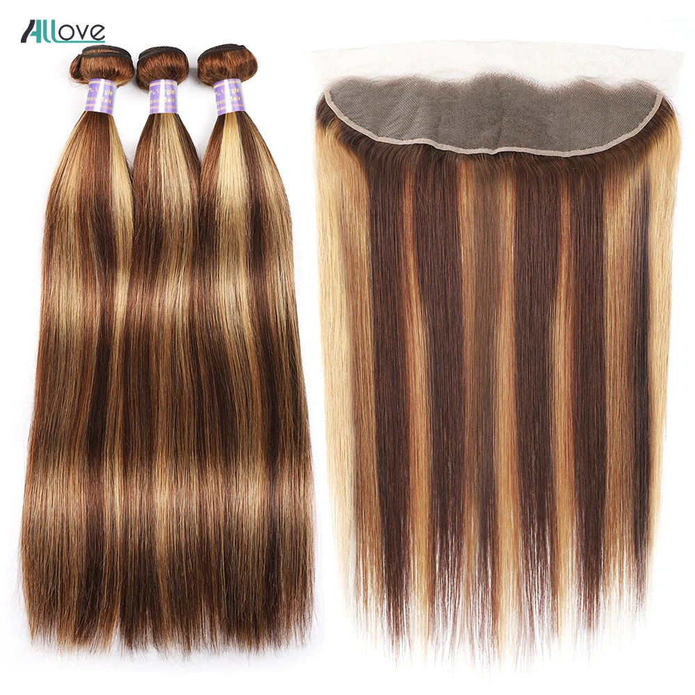 Allove-mechones rectos con malla Frontal de 13x4, extensiones con cierre Remy, color rubio miel, degradado