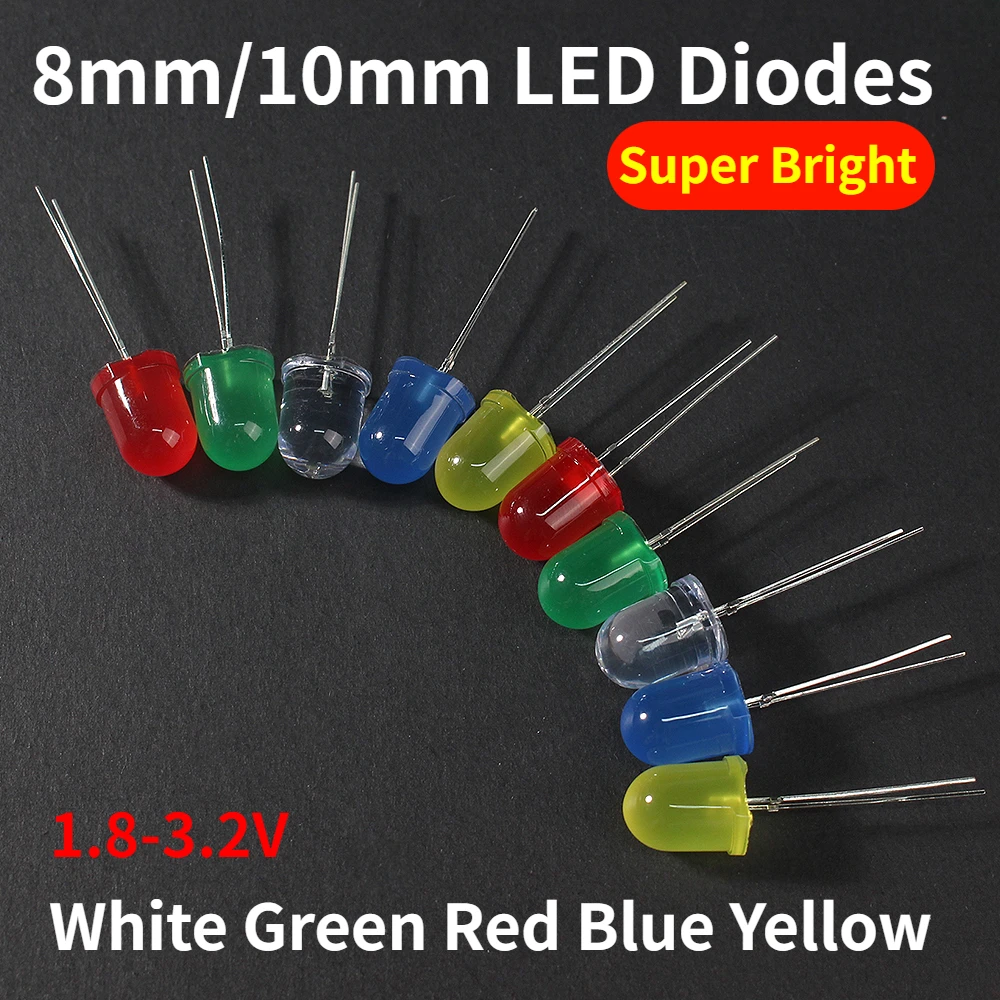 50pcs 8mm/10mm LED Diodes 1.8-3.2V Assorted Kit White Green Red Blue Yellow Super Bright Active Light Emitting Diode Electronics