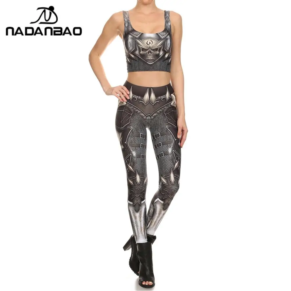 Nadanbao Punk Women's Leggings Set Skull Armor Printed Crop Top Summer Elastic Pants Two Piece Suit Fitness Workout Vest Tights