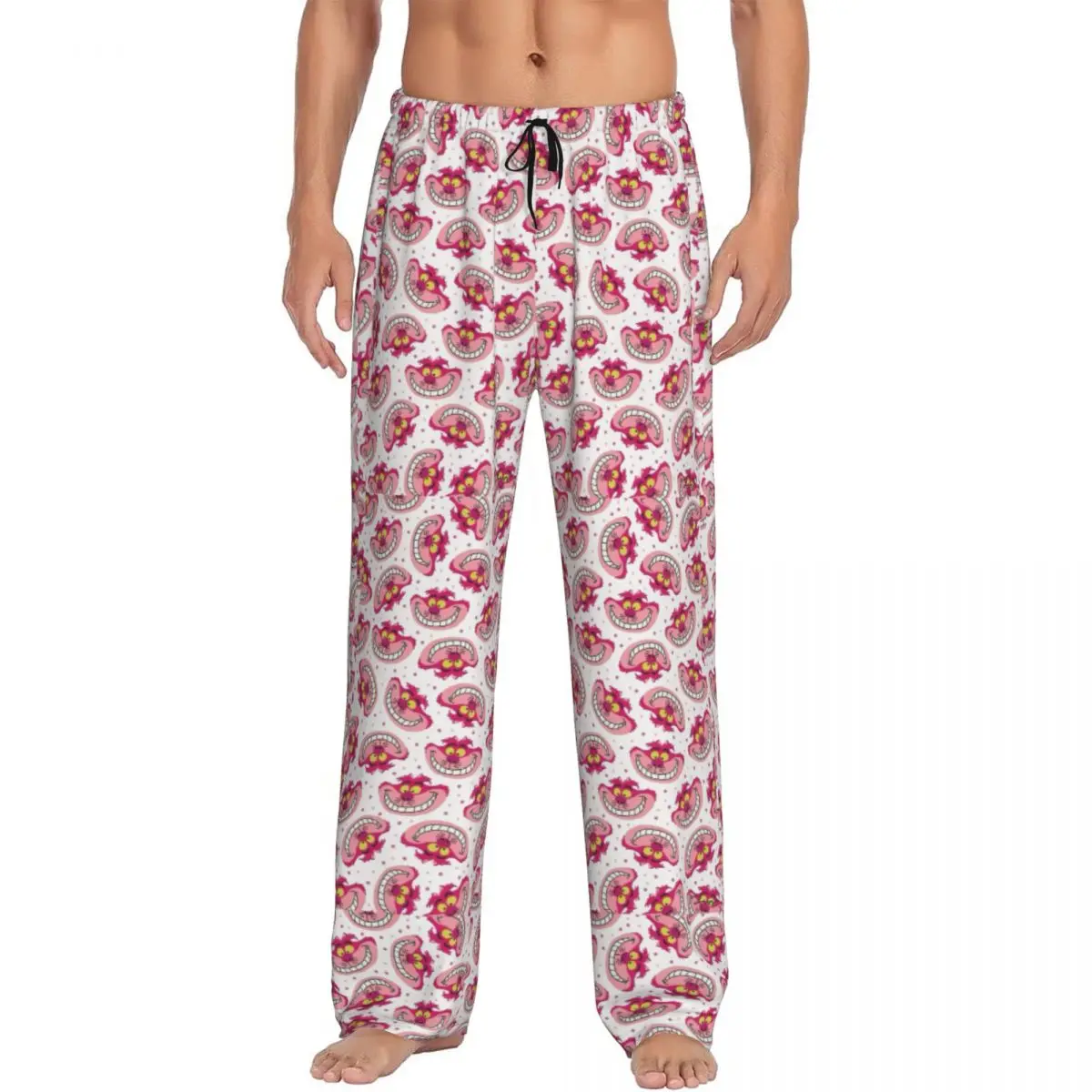 Pantalon de pyjama imprimé personnalisé avec poches pour hommes, bas de vêtements de nuit, motif chat du Cheshire et Grin, Alice We're All Mad Here, Wonderland