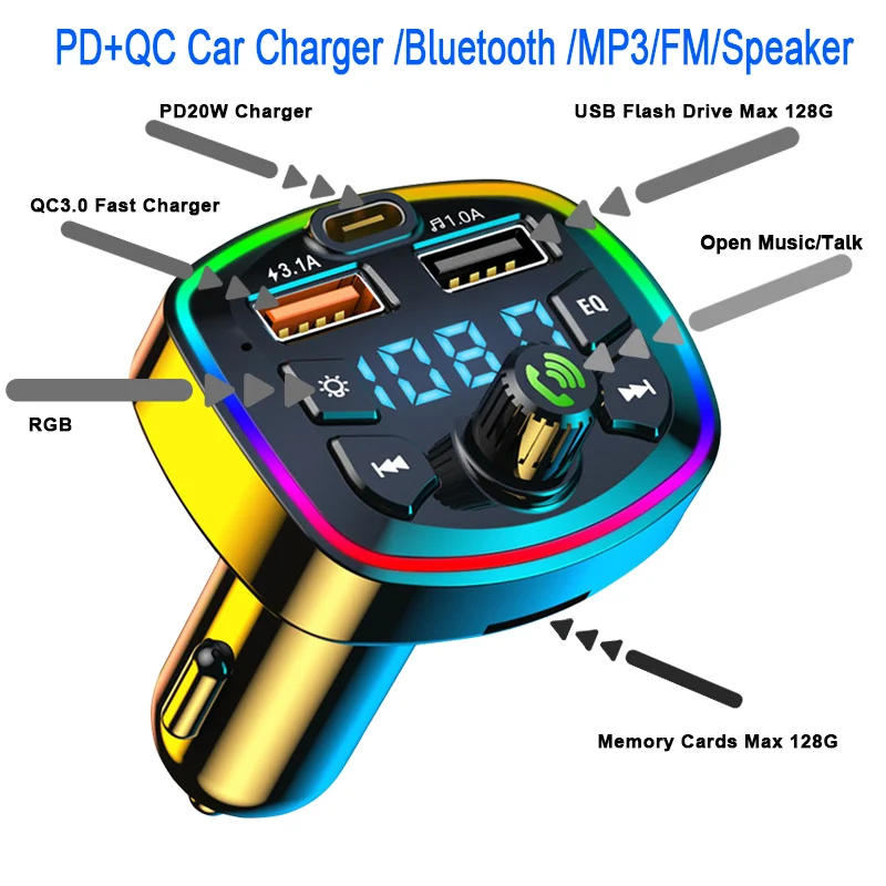Bluetooth 5.0 FM Transmitter Handsfree Car MP3 Player With 20W USB Super Quick Charge Adapter for Car