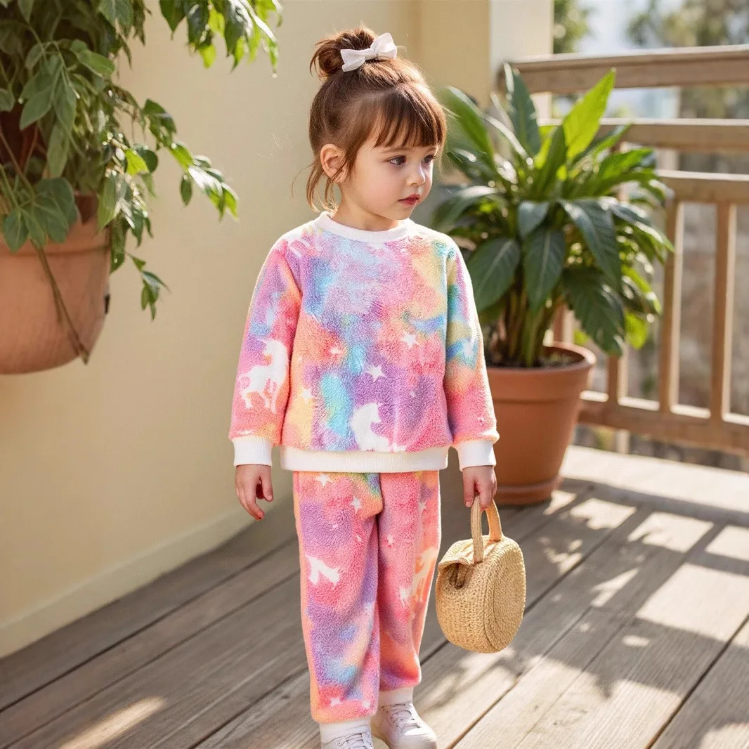 Autumn and Winter New Girls' Thick Velvet Luminous Star Shaped Flannel Hooded Casual Tie Dye Printed Two-Piece Set