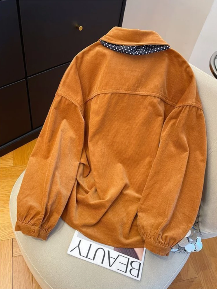 Women's 2026 Autumn Winter Vintage Orange Corduroy Scarf Blouse Loose Thick Warm Elegant Chic Coquette Trendy Top