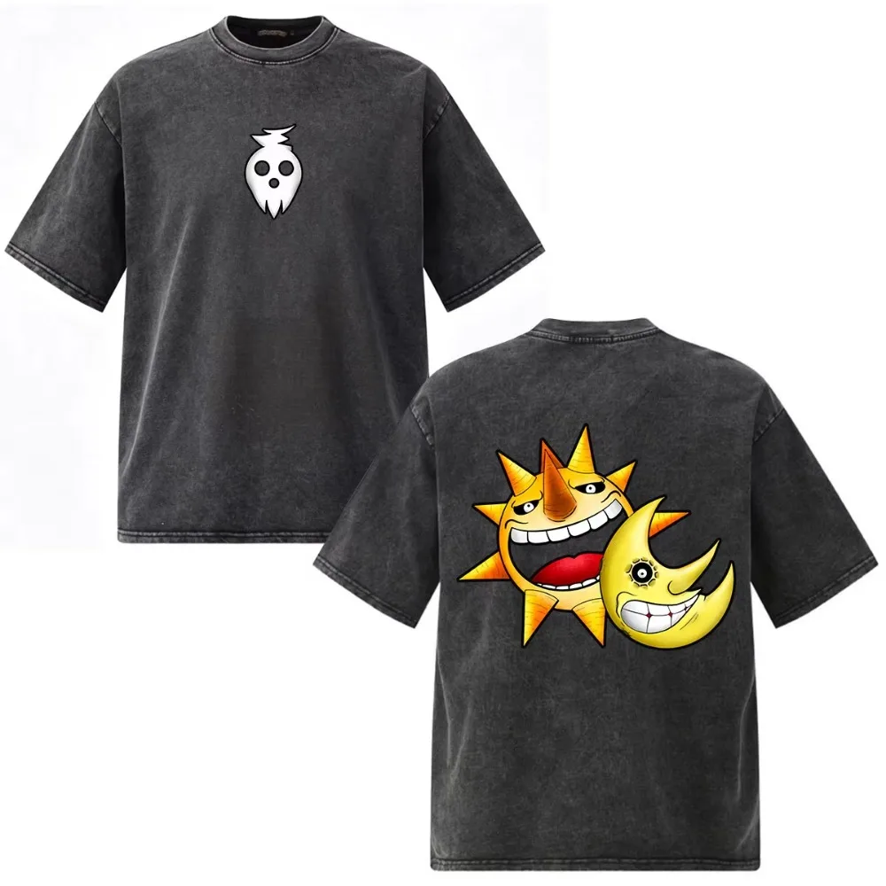 Vintage Washed Anime Soul Eater Soul Evans Graphic T‑Shirt Unisex Men Women Harajuku Oversized Streetwear Cotton Tops