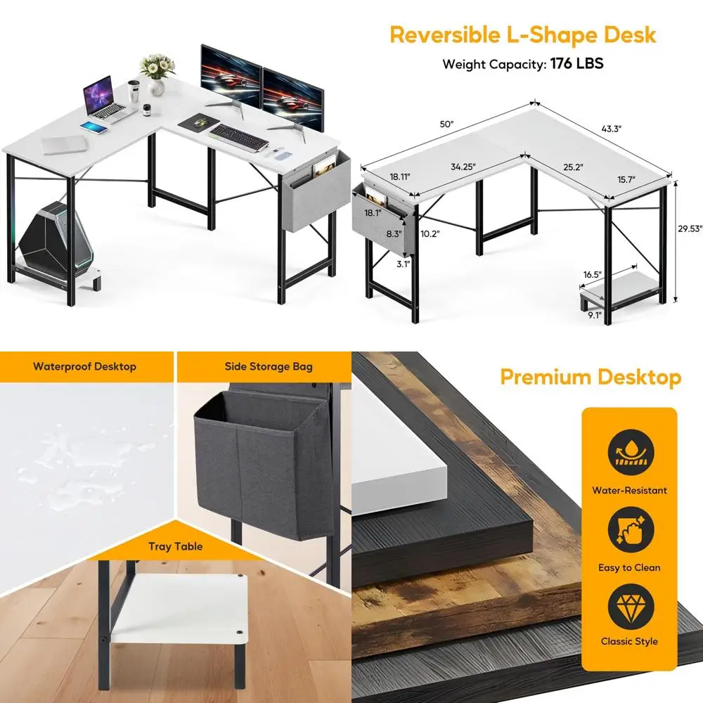

50 Inch L-Shaped Gaming Desk with Reversible Corner, Wood Tabletop and Metal Frame for PC, Writing, and Studying