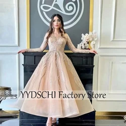 Customized Fashion Pretty Stripe Organza Evening Dresses O-Neck Shiny Appliques Full Sleeve Prom Gowns 2024 Formal Party Dresses