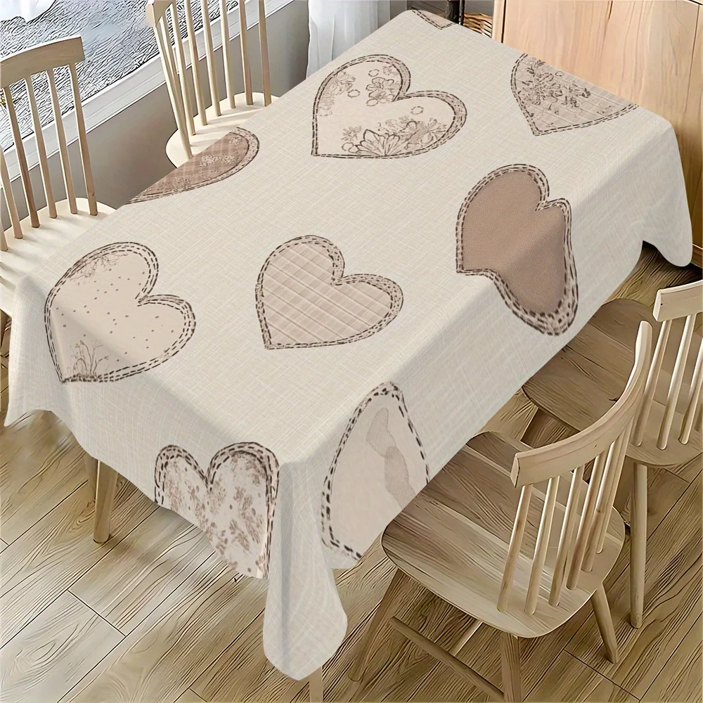 1 piece of retro beige heart-shaped patchwork tablecloth - elegant farmhouse-style distressed rectangular table cover.PMJ