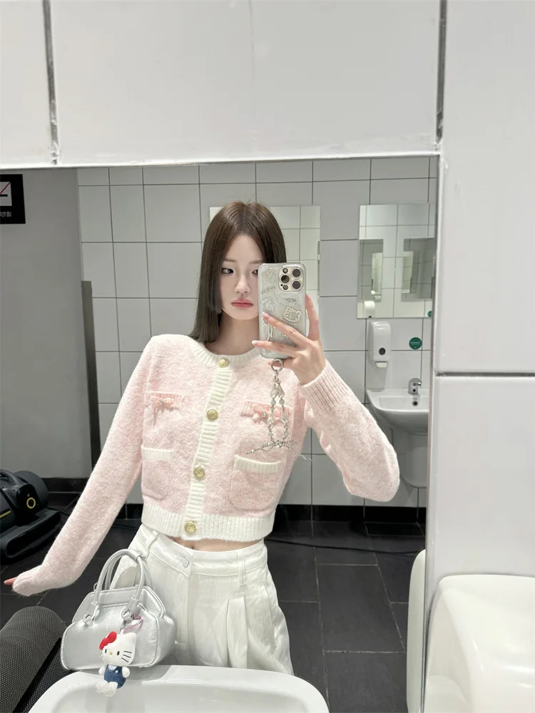 Sweet Style Pink Short  Knitted Cardigan for Women Autumn Stylish Slim Pocket Knit Long Sleeved Jacket Contrast Color Ropa Mujer