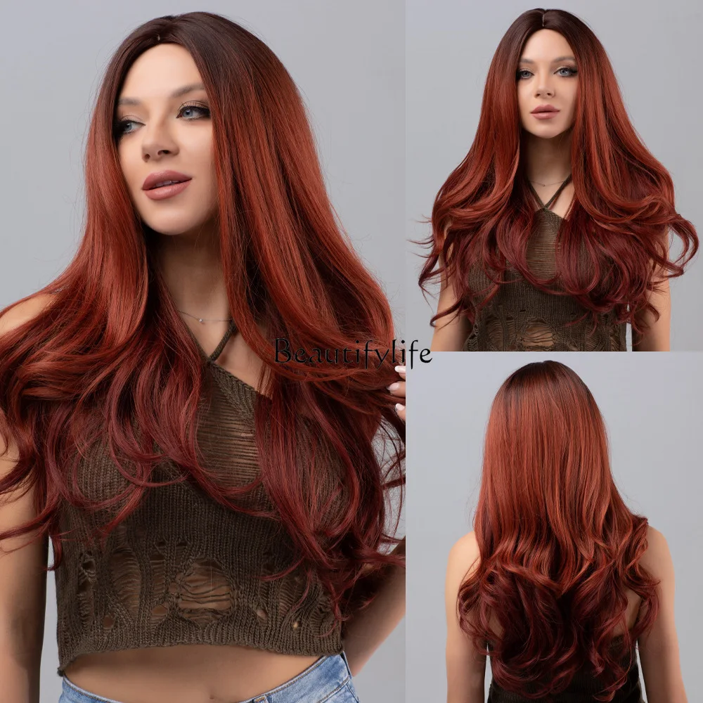 

Women's reddish brown wig long gradual change wavy curl synthetic wig with bangs layered