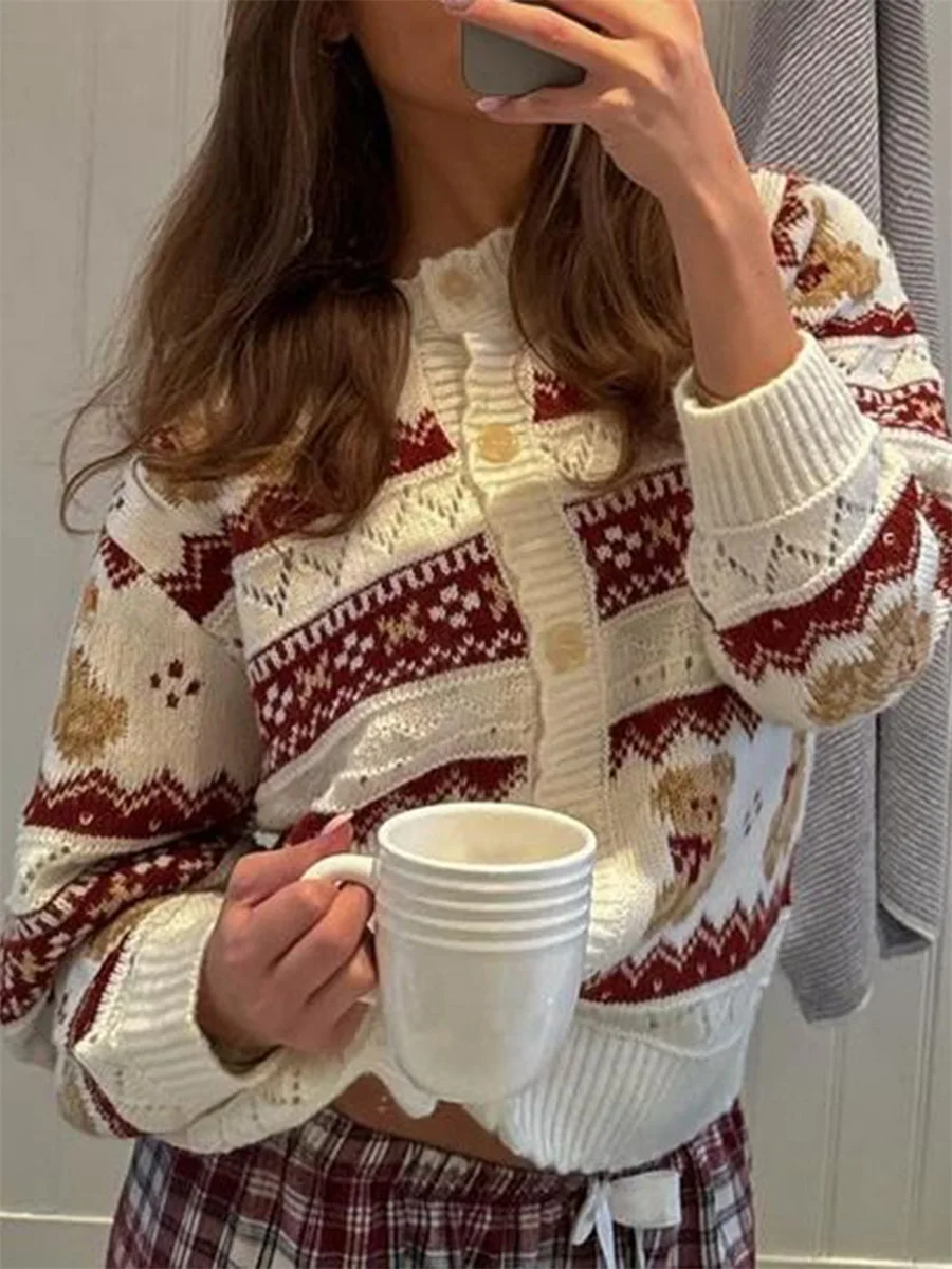 New Fashion Women Bear Print Cardigan Long Sleeve Drop Shoulder Crew Neck Button Down Sweater Knit Tops Hot Sale S M L