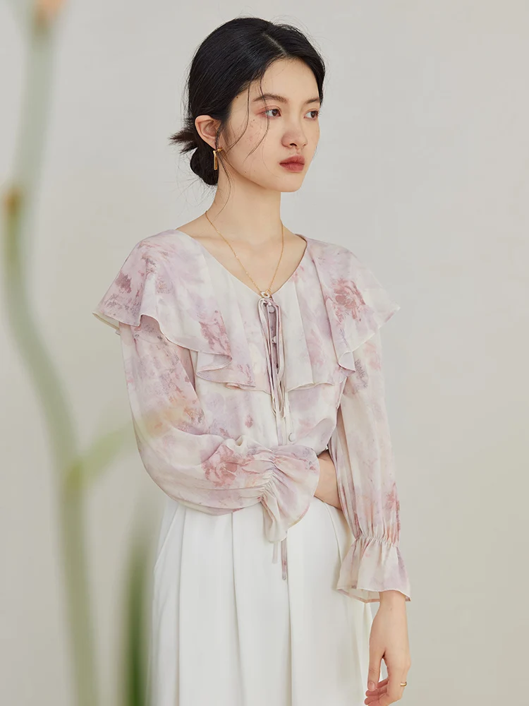 ZIQIAO Tie-dye Pink Summer New Women Chiffon Shirt V-Neck Ruffle Design Long-Sleeve Thin Blouses Office Lady Loose Women Tops