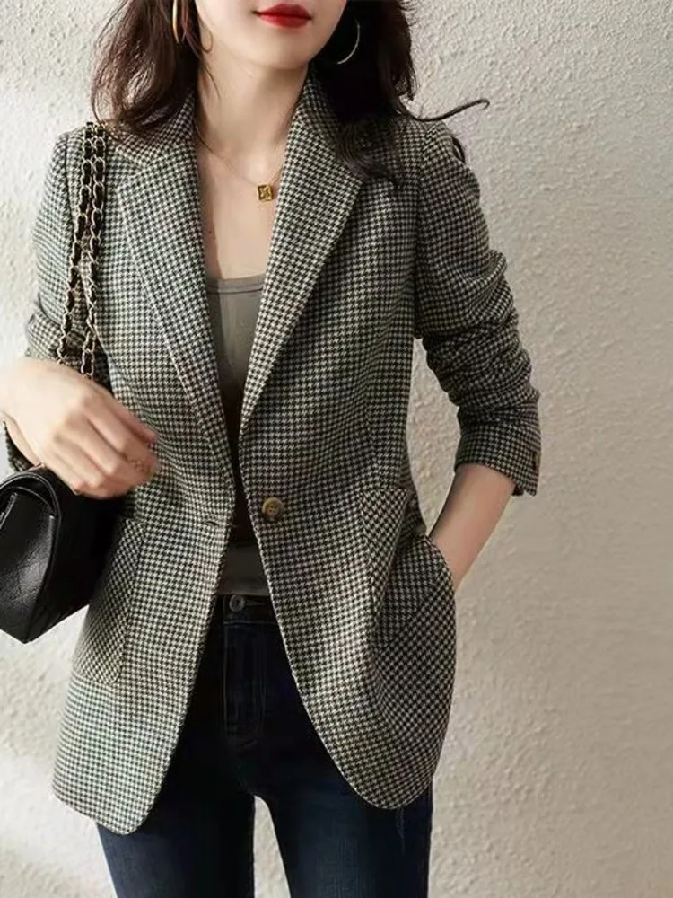 Plaid Women\'s Blazers Single Button Business Vintage Elegant Solid Color Long Sleeve Casual Casual Sweet Coats Autumn