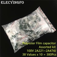 38value x 10pcs 380pcs 100V Mylar Film Capacitor assorted Kit 2A221~2A474J 220pF~470nF Polyester Film capacitor