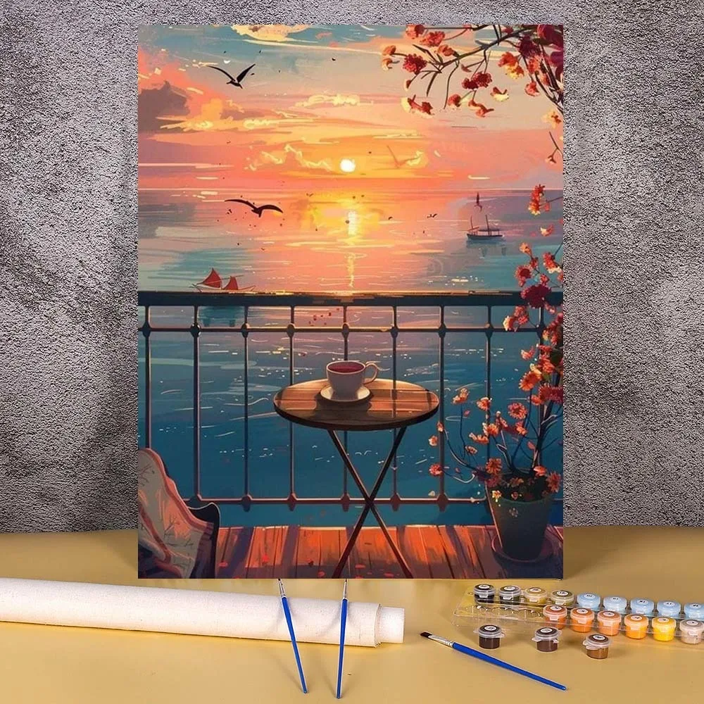 

Oil Painting By Numbers For Adults Balcony Seascape Coloring By Numbers Diy Gift Sunset Sea Picture Drawing Scenery Handpainted