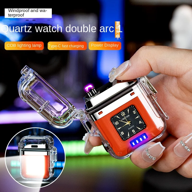 Dual Arc Plasma Waterproof Lighter Watch Transparent Rechargeable USB Flashlight Flameless Windproof Lighter for Outdoor Camping