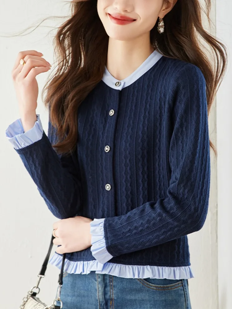 Color Blocking Splicing Fake Two-piece Knitted Cardigan Spring Autumn Women Long Sleeved Single Breasted Jacket Casual Short Top