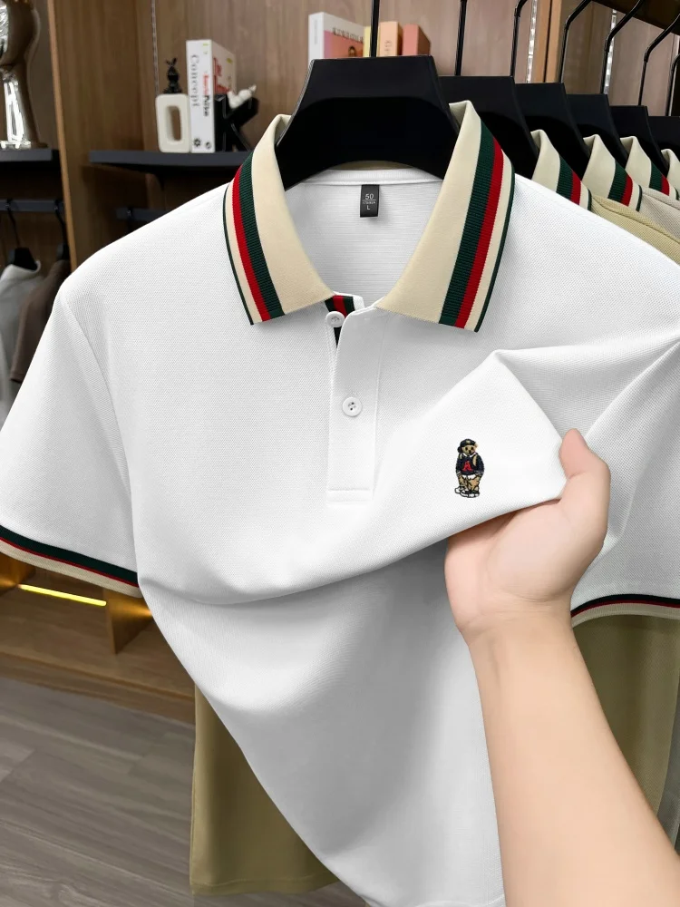 

High end silk cotton short sleeved men's polo shirt summer fashion brand boutique bear embroidery Korean youth casual T-shirt