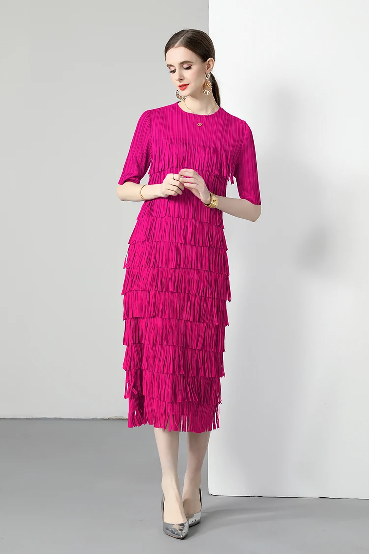 2024 Miyake Pleated Multi-layered Fringed Cake Dress Solid Color Round Neck Mid-sleeve Super Slim Dress Design Hepburn Long Skir