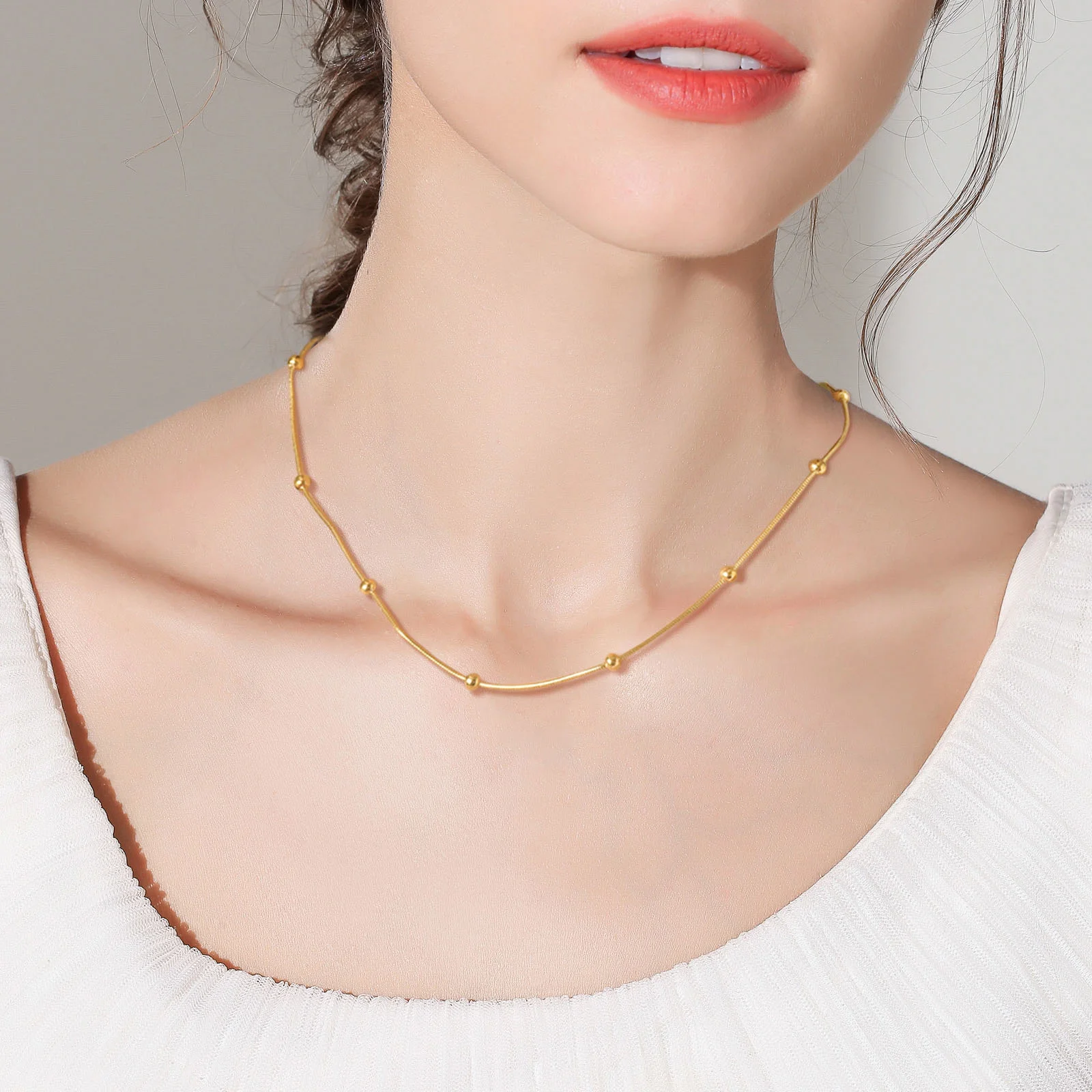 2pcs Set Jewelry,Satellite Chain Necklace With Bracelet, Snake Beaded Ball Link Choker For Women, Fashion Birthday Gift
