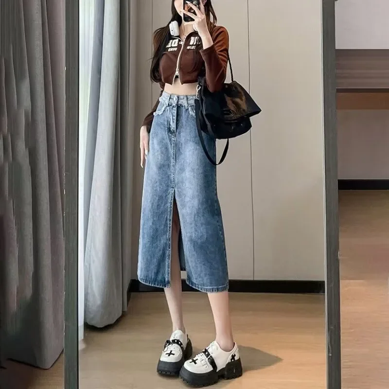 Denim Skirts for Women Midi New High-waist Slim Design Niche Raw Edge Slit A-line Cozy Hot Girl Students Youth Age-reducing Chic