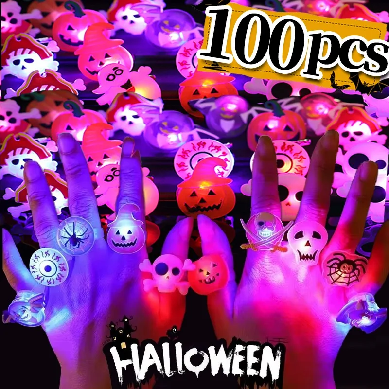 

10/100 шт., светящиеся кольца на Хэллоуин, креативные светодиодные кольца с тыквой и призраком и черепом для детей, кольца на палец, игрушки, ювелирные изделия, подарки для вечеринок
