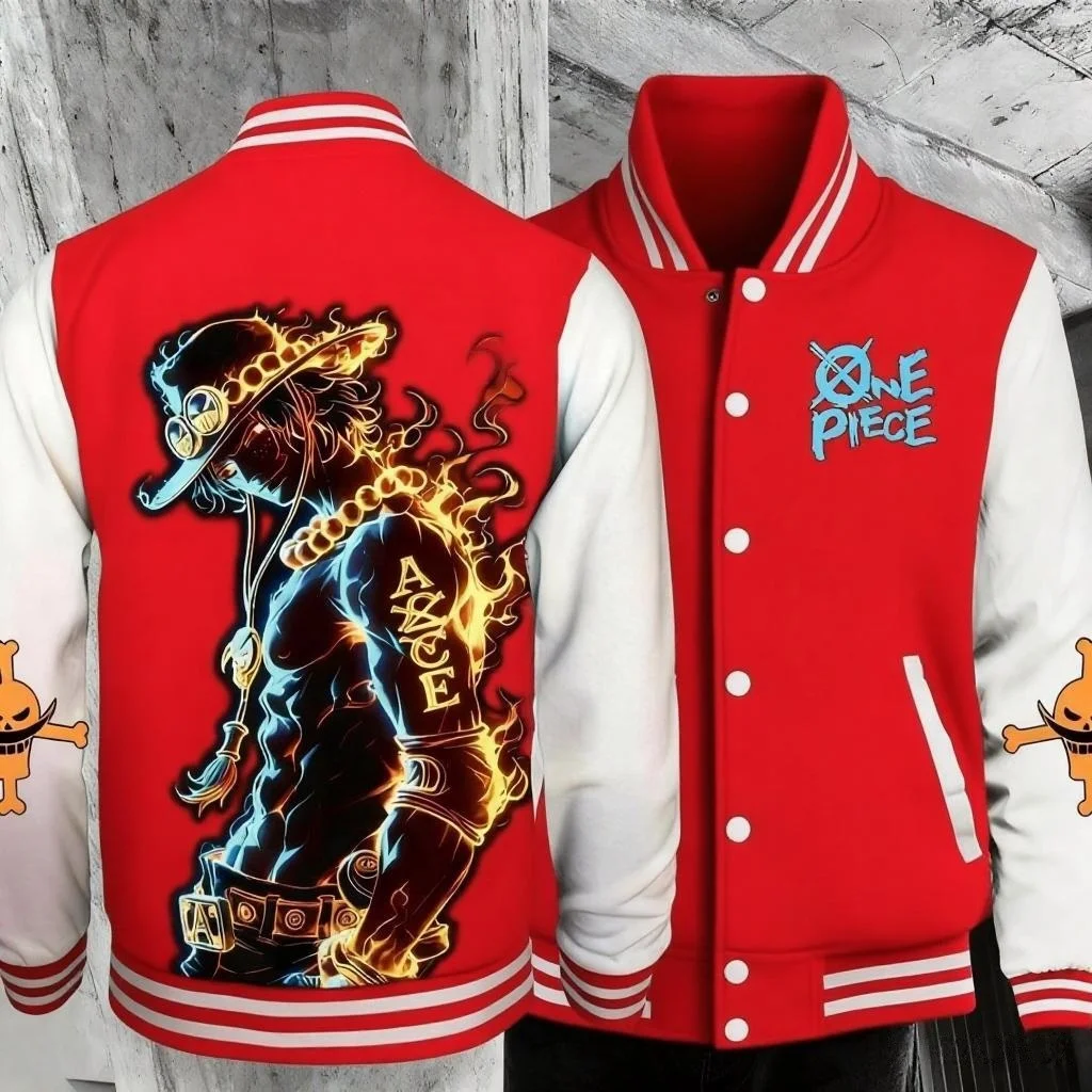 

Бейсбольная куртка Red Base с белыми рукавами и принтом огненного аниме на спине, шляпа и черное пальто, золотой пояс спереди