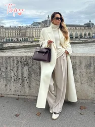 Elegancki biały płaszcz z pełnym rękawem i długim wełnianym płaszczem dla kobiet Moda Casual Płaszcz z guzikami Jesień Zima Lady Commute Streetwear