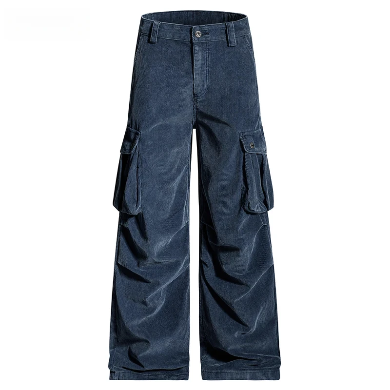 

Плиссированные вельветовые брюки-карго с карманами, мужские однотонные осенне-зимние повседневные мешковатые прямые широкие брюки в стиле ретро, мужские