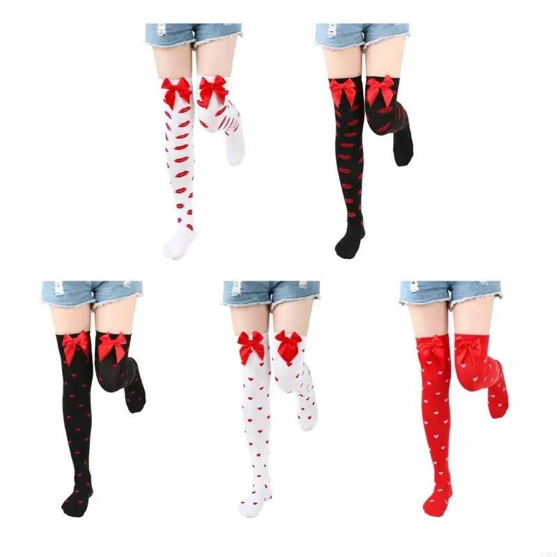 

Y88A Women Valentine Day Bowknot Colorful Lip Heart Pattern Over Knee Long Socks