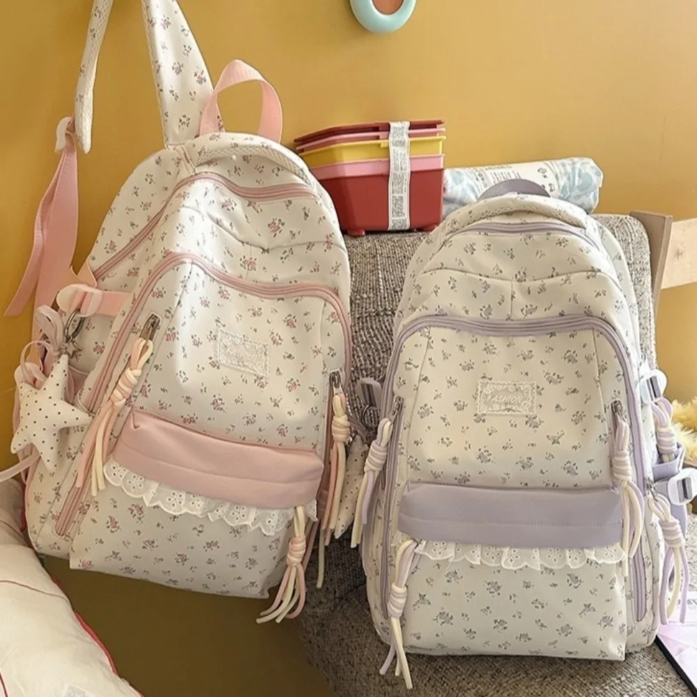 Lace Decor Floral Print Backpack Large Capacity Star Pendant Bookbag Ultra Lightweight Fresh Aesthetic School Bag Shopping