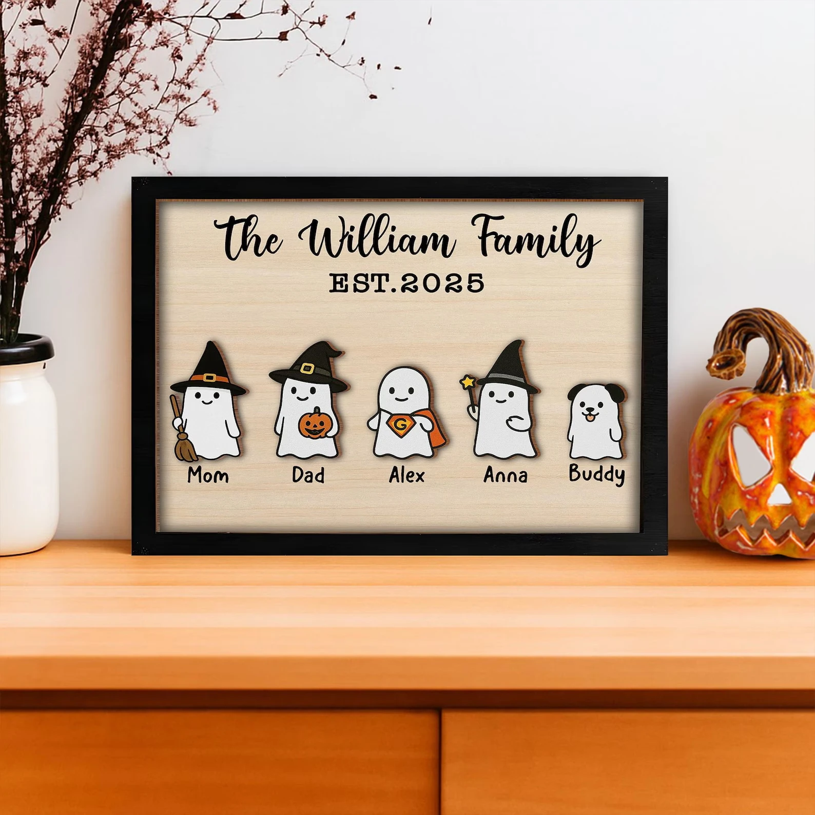 Personalized Halloween Family Sign 2025 Custom Ghost Characters Wooden Plaque Fall Decoration Gift for Home or Housewarming