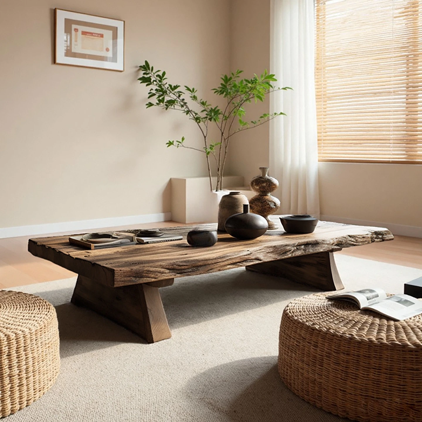 Medieval style old wood retro style furniture, especially beautiful coffee table, bed and breakfast space log wabi sandy