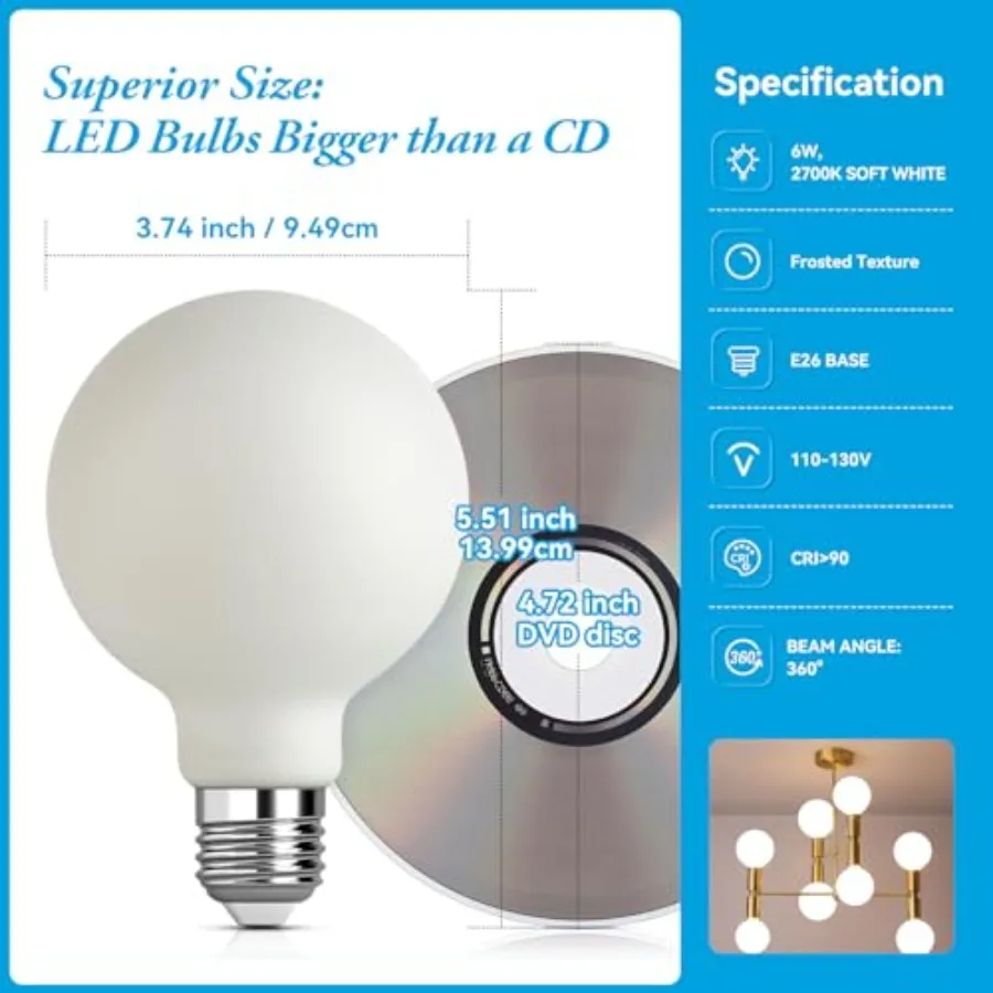 Frosted Globe LED Edison Bulb G30, Non-Dimmable 2700K, 6W E26 2PK Oversized Frosted Globe LED Bulb, 2700K soft white glow, 6W e