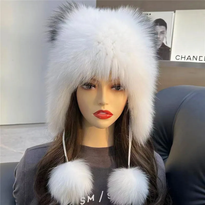 

Winter Hat Woman Warm Cat Ushanka Balaclava Russian Fox Fur Trapper Women Bomber Hats Luxury Furry Snow Cap Earflap Fox Fur Hat