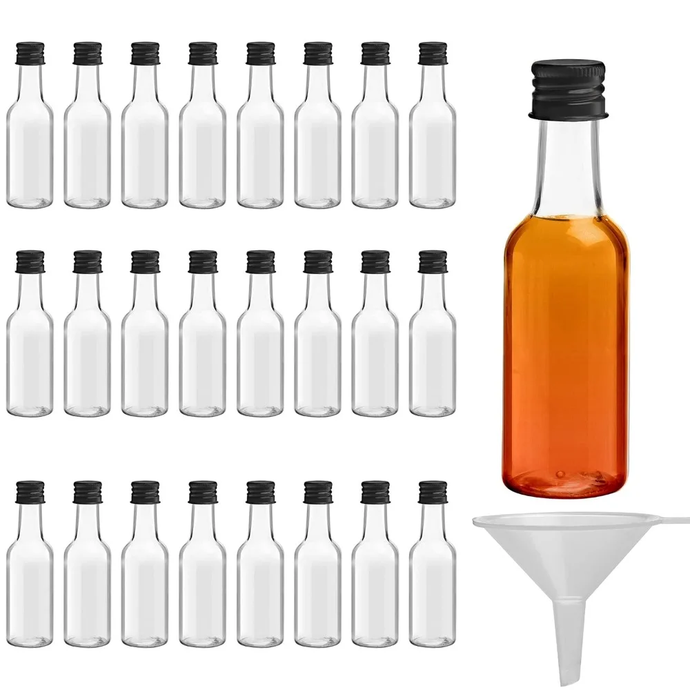 

Mini plastic bottles with caps (24 pack) - Empty 1.7oz shot bottles - Small mini bottles for alcohol, spirits, spirits
