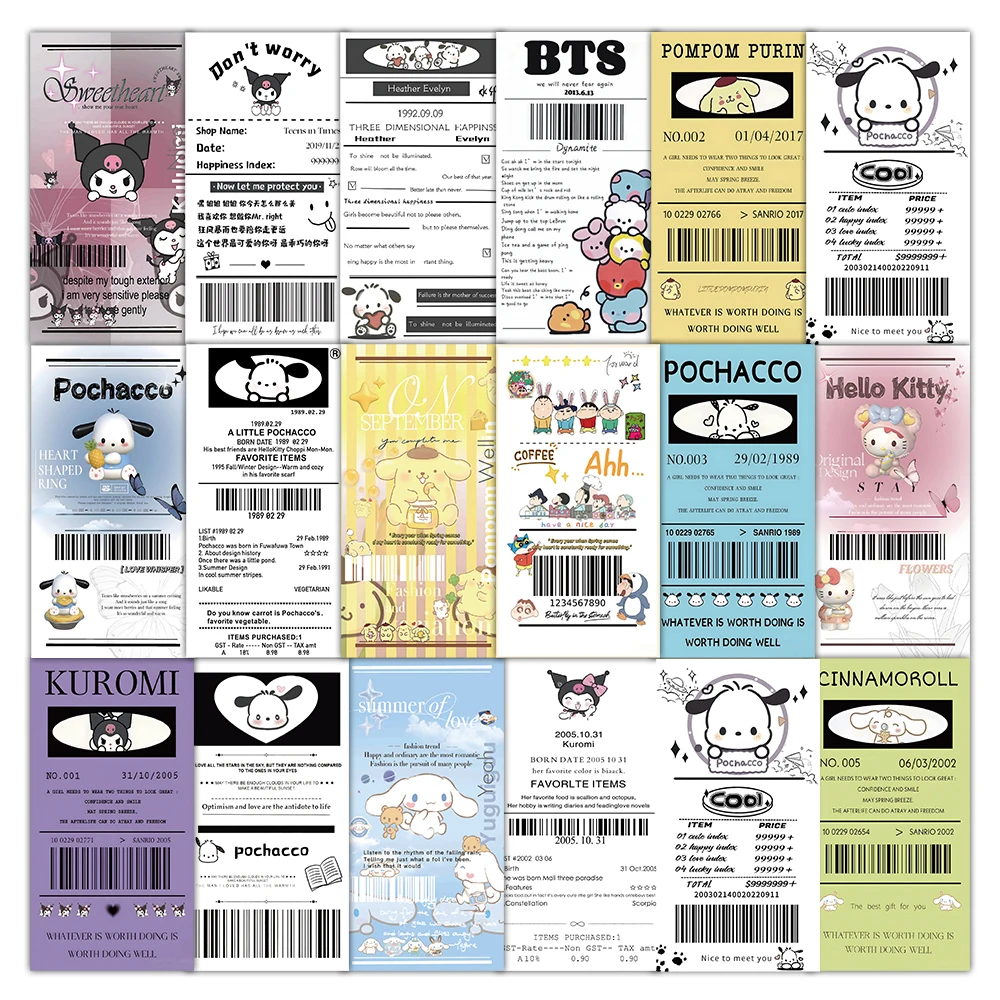 Cute Sanrio Label Sealing Adesivos, Minha melodia, Kuromi, Decalques dos desenhos animados, Telefone, Garrafa de água, Guitarra, Graffiti engraçado Adesivo, 10 pcs, 30 pcs, 60pcs