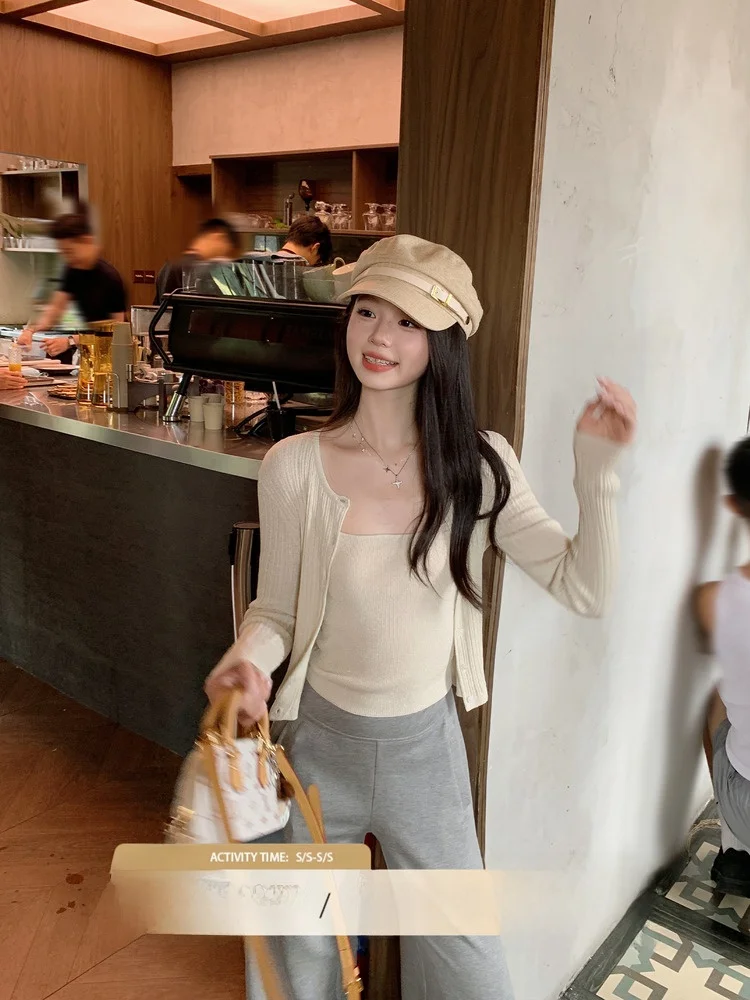 

Модный женский комплект из двух предметов: осенний топ и вязаный свитер с длинными рукавами средней длины, повседневный стиль