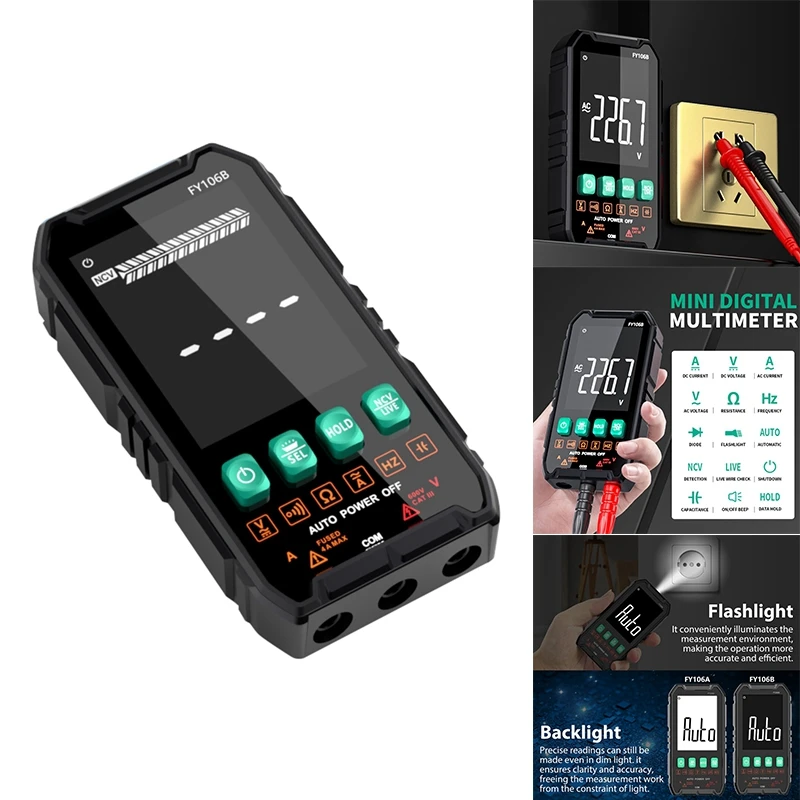 

Professional Digital Multimeter 600V/4A AC/DC Voltage Current True RMS Auto-Range Volt/Amp/Ohm/Capacitance Tester Tool FY106B