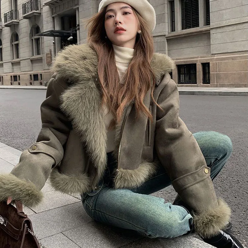 Autumn 2024 Winter New Fur One Jacket Women Outwear Blast Street Suede Short Locomotive Clothing Slim Korean Casual Jacket Tops