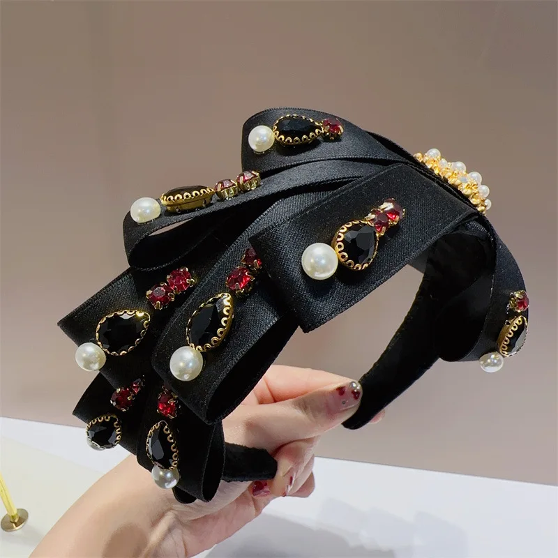 Ethnic Overlay Satin Bow Hairbands Design Crystal Headband Women Head Hoop for Party Turban Orange Hair Accessories Wholesale