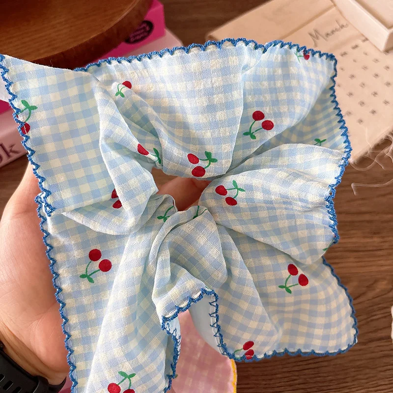 

Девичьи резинки для волос с низким хвостом, синяя, розовая бандана, стильная вишневая принт, корейская мода, дышащая, приятная для волос, очаровательная