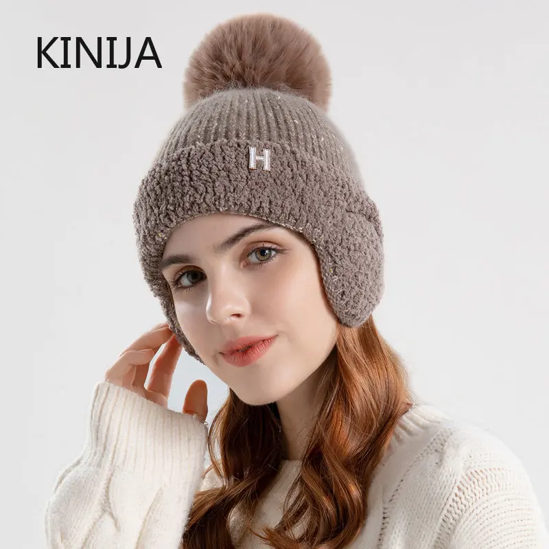 

Plush Ear Protection Hat for Women In Winter Russia Outdoor Thicken Windproof Warm Knitted Hat Fashion Coldproof Benines Cap