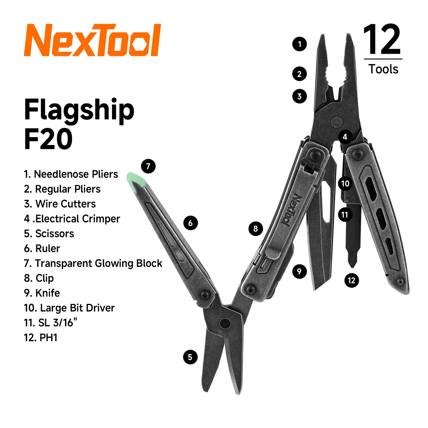 Nextool Flagship F20 12 in 1 Multitool Pliers EDC Pocket Tool with Scissors Knife Ruler Bit Driver for Outdoor Camping Hand Tool