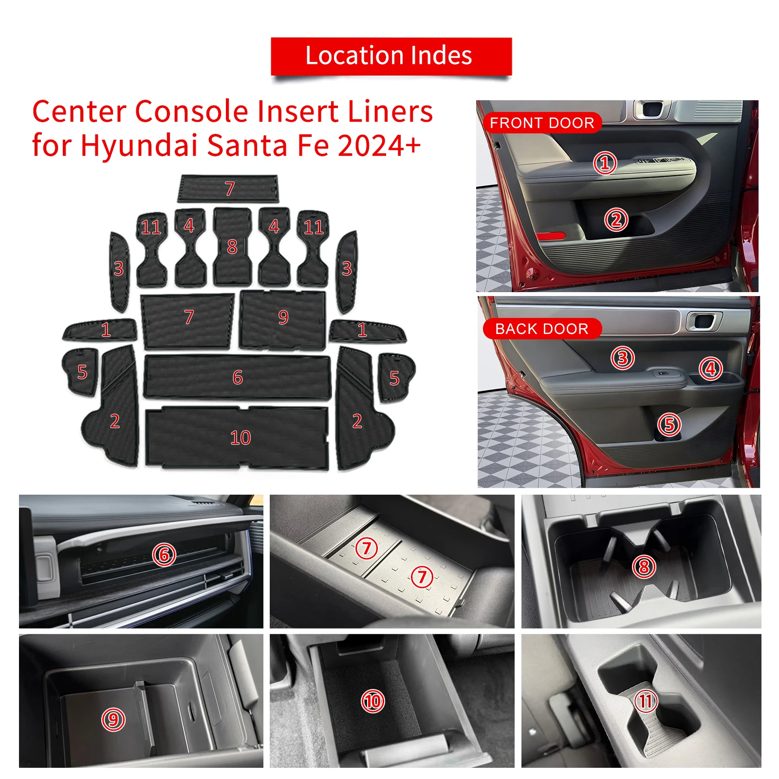 LUCKEASY for Hyundai Santa Fe 2024 2025 2026 Car Gate Slot Mat Anti-Slip Door Groove Cup Pad Rubber Interior Accessories