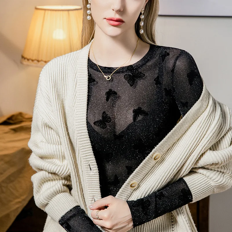 Butterfly Embellished Sheer Mesh T-Shirt for Women, Spring Fall New Bodycon Fit Glitter Flocked See-Through Top for Layering