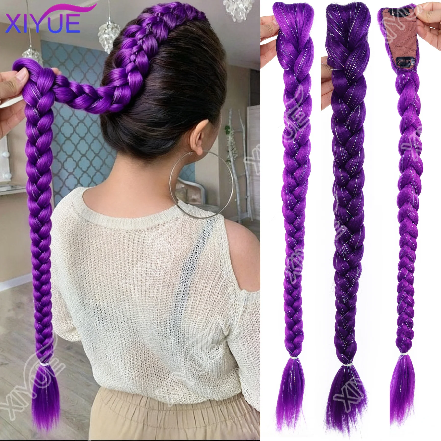 

XIYUE синтетические плетеные фиолетовые волосы, хвостик, прическа 26 дюймов, длинный хвост с заколками для детей, девочек, Хэллоуин, Рождество