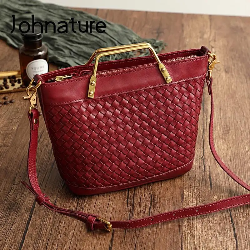 Johnature Hand Woven Women Bag Genuine Leather Vintage Handbag Simple Solid Color Natural Cowhide Shoulder & Crossbody Bags